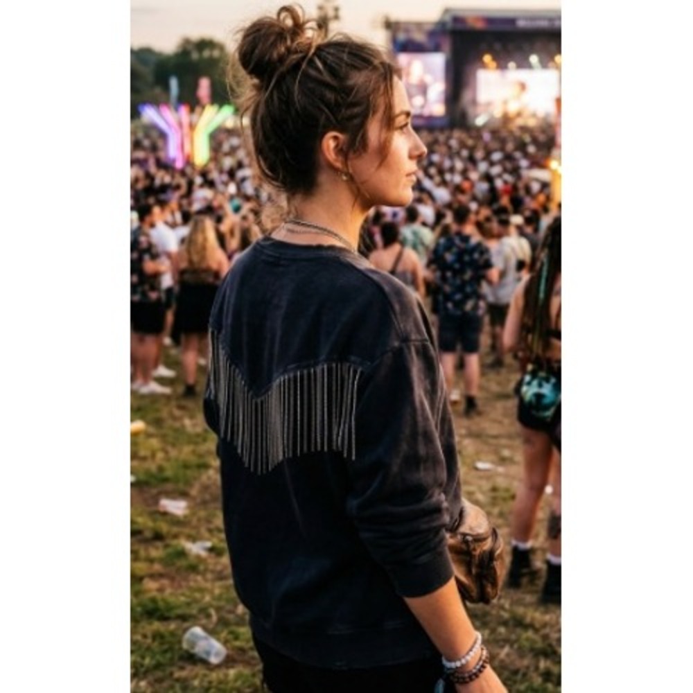 ACDC Rhinestones Studded Fringe Tassel Black Sweatshirt Festival Rock Concert SM